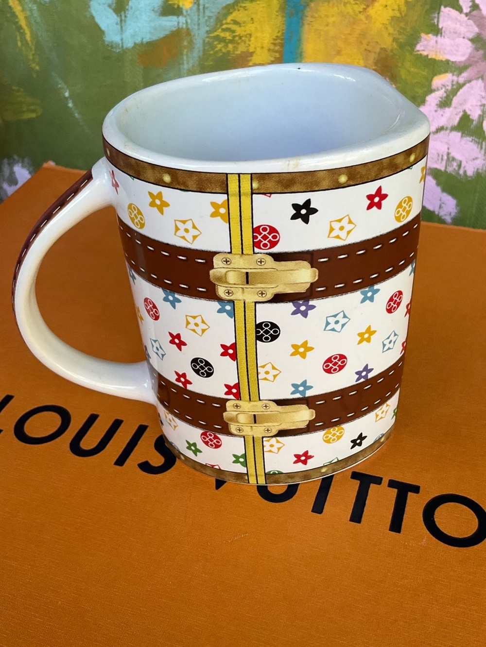 Beautiful White Mug with Multicolor Monogram and Brown Trunk Straps with Box